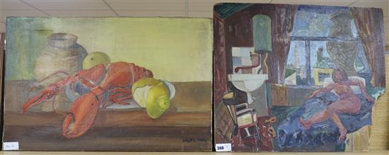 Modern British, oil on board, Nude in an attic room, 51 x 61cm and a Still life of a lobster by Odette Nys, 45 x 70cm, both unframed